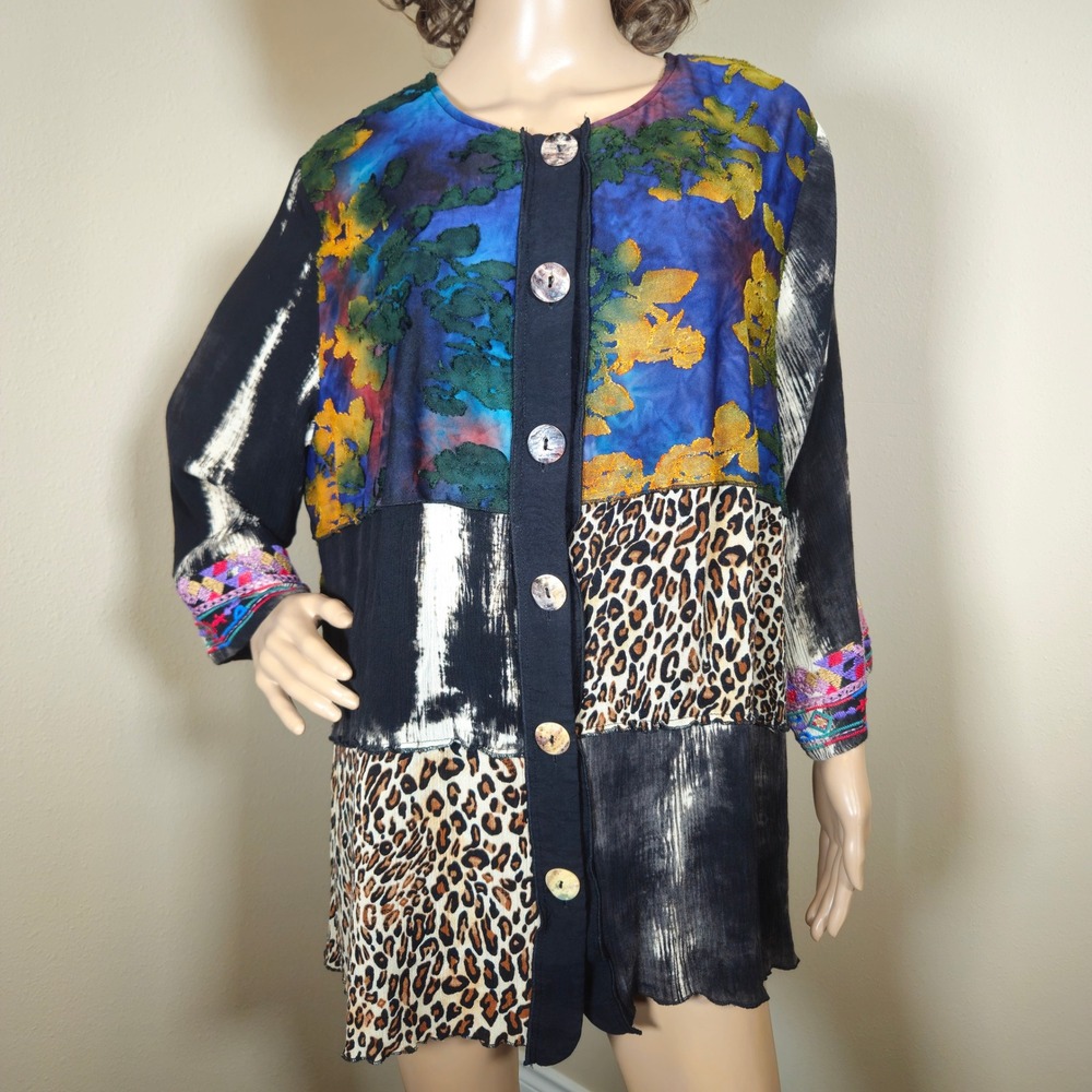 Calessa Womens‎ 1X Mixed Media Patchwork Blouse Leopard Floral Burnout Top Boho